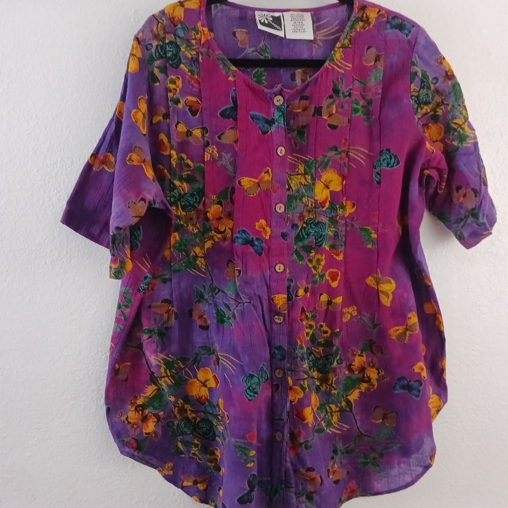 Phool tie dye flower and butterfly print short sleeve button down blouse size 1X